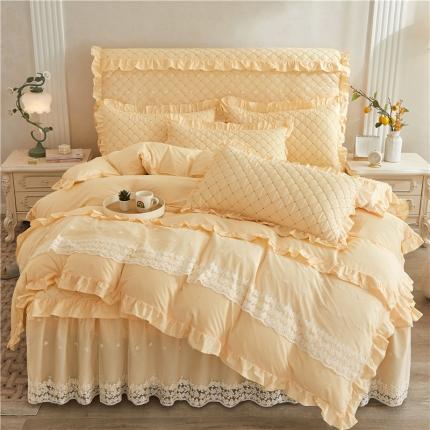 91家纺网 家纺一手货源 找家纺 十个点 2024新款全棉公主夹棉床裙四件套 米黄色