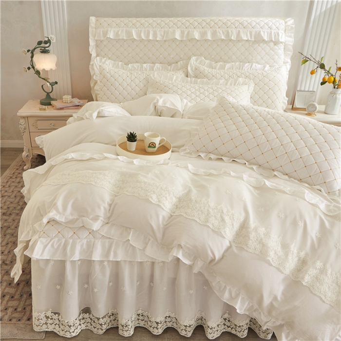 91家纺网 家纺一手货源 找家纺 十个点 2024新款全棉公主夹棉床裙四件套 白色