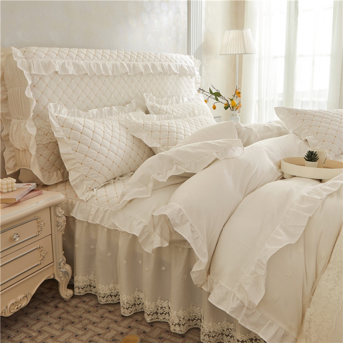 91家纺网 家纺一手货源 找家纺 十个点 2024新款全棉公主夹棉床裙四件套 白色