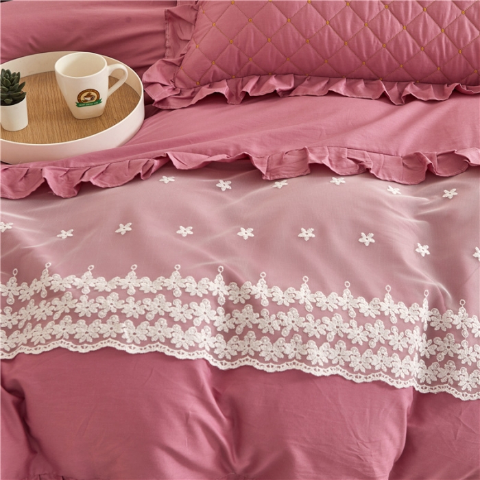 91家纺网 家纺一手货源 找家纺 十个点 2024新款全棉公主夹棉床裙四件套 豆沙色