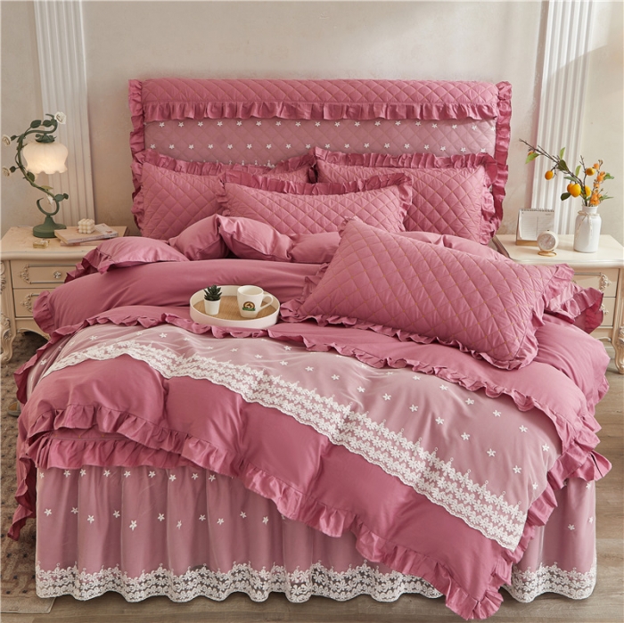 91家纺网 家纺一手货源 找家纺 十个点 2024新款全棉公主夹棉床裙四件套 豆沙色