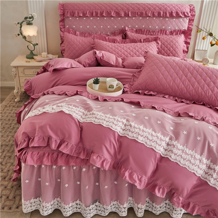 91家纺网 家纺一手货源 找家纺 十个点 2024新款全棉公主夹棉床裙四件套 豆沙色