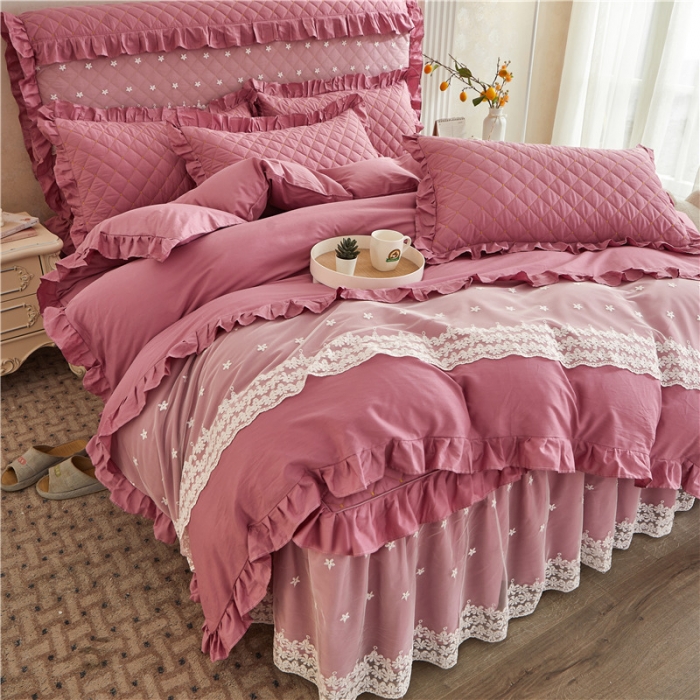 91家纺网 家纺一手货源 找家纺 十个点 2024新款全棉公主夹棉床裙四件套 豆沙色