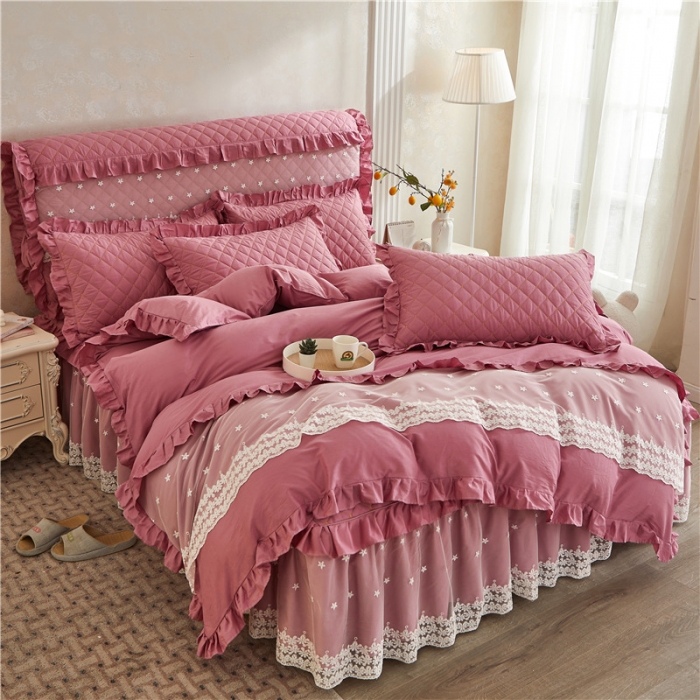 91家纺网 家纺一手货源 找家纺 十个点 2024新款全棉公主夹棉床裙四件套 豆沙色