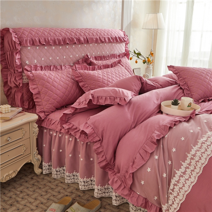 91家纺网 家纺一手货源 找家纺 十个点 2024新款全棉公主夹棉床裙四件套 豆沙色