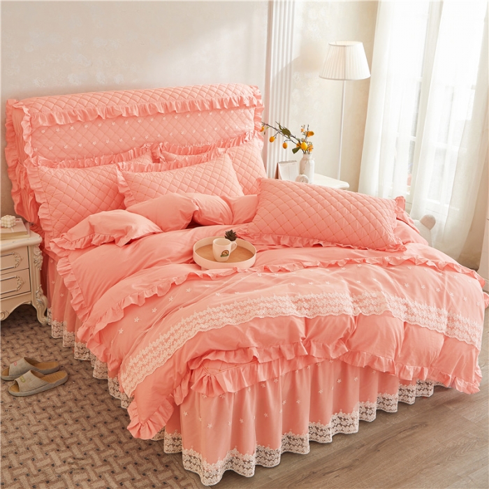 91家纺网 家纺一手货源 找家纺 十个点 2024新款全棉公主夹棉床裙四件套 粉色