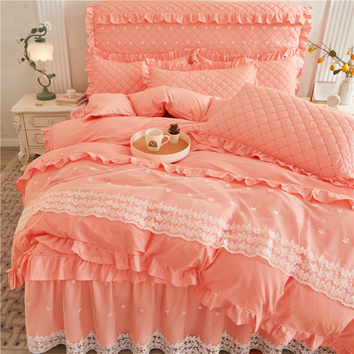 91家纺网 家纺一手货源 找家纺 十个点 2024新款全棉公主夹棉床裙四件套 粉色