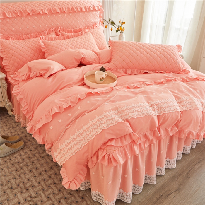 91家纺网 家纺一手货源 找家纺 十个点 2024新款全棉公主夹棉床裙四件套 粉色