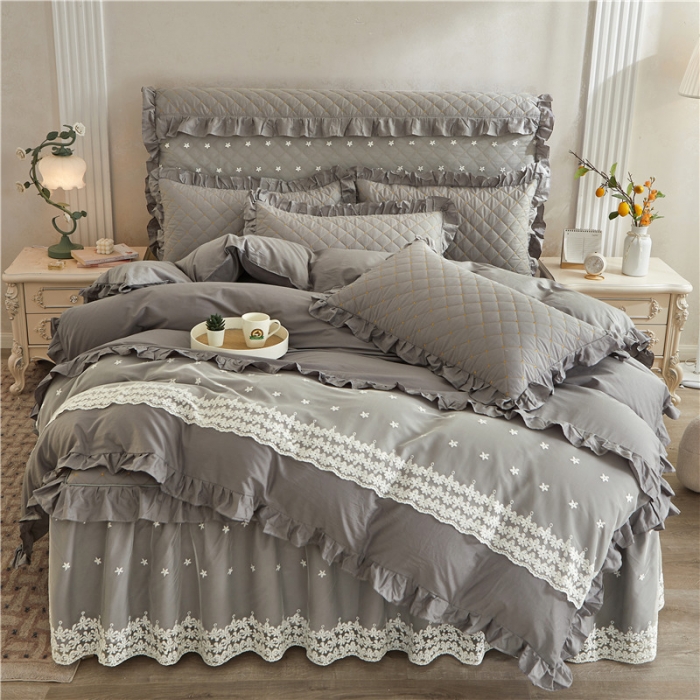 91家纺网 家纺一手货源 找家纺 十个点 2024新款全棉公主夹棉床裙四件套 灰色