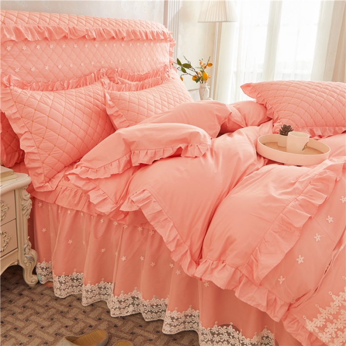 91家纺网 家纺一手货源 找家纺 十个点 2024新款全棉公主夹棉床裙四件套 粉色