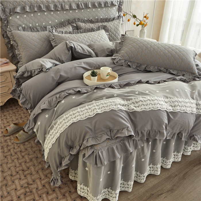 91家纺网 家纺一手货源 找家纺 十个点 2024新款全棉公主夹棉床裙四件套 灰色