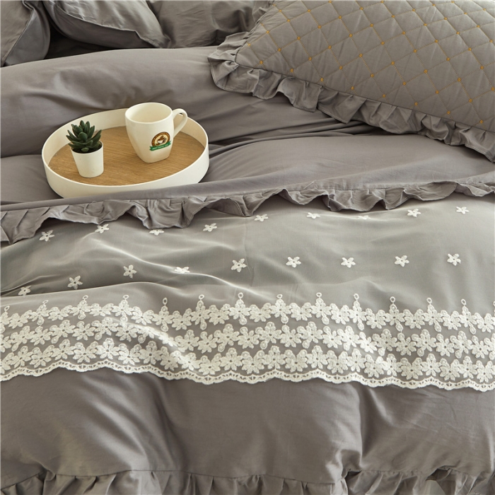 91家纺网 家纺一手货源 找家纺 十个点 2024新款全棉公主夹棉床裙四件套 灰色