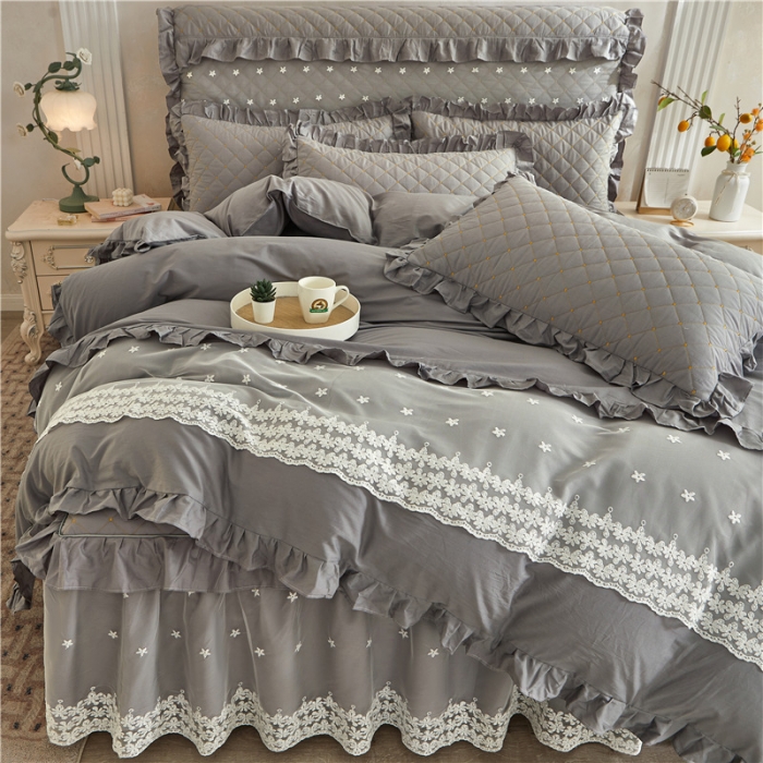 91家纺网 家纺一手货源 找家纺 十个点 2024新款全棉公主夹棉床裙四件套 灰色