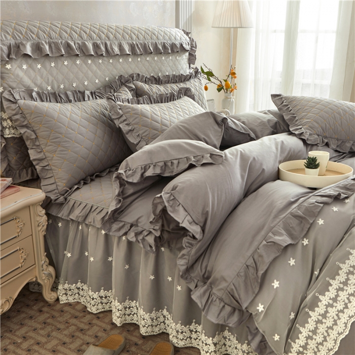 91家纺网 家纺一手货源 找家纺 十个点 2024新款全棉公主夹棉床裙四件套 灰色