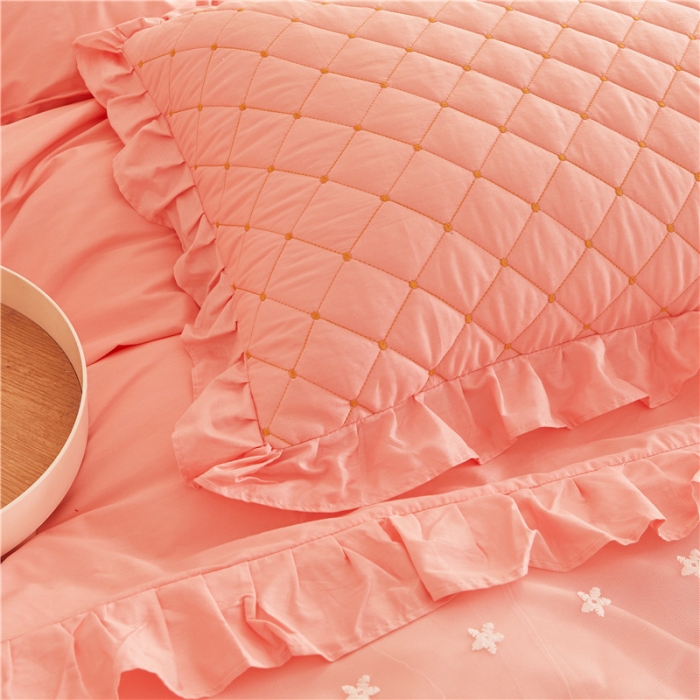 91家纺网 家纺一手货源 找家纺 十个点 2024新款全棉公主夹棉床裙四件套 粉色