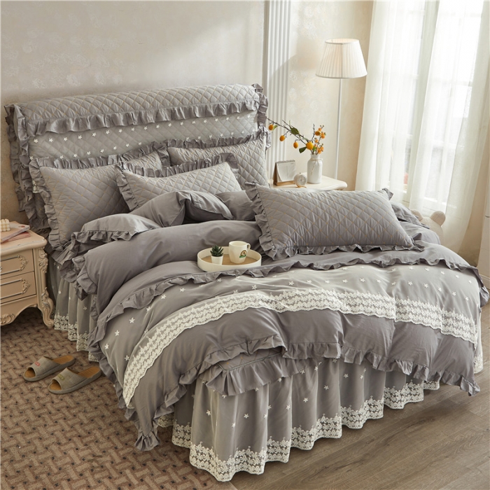 91家纺网 家纺一手货源 找家纺 十个点 2024新款全棉公主夹棉床裙四件套 灰色
