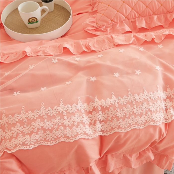 91家纺网 家纺一手货源 找家纺 十个点 2024新款全棉公主夹棉床裙四件套 粉色