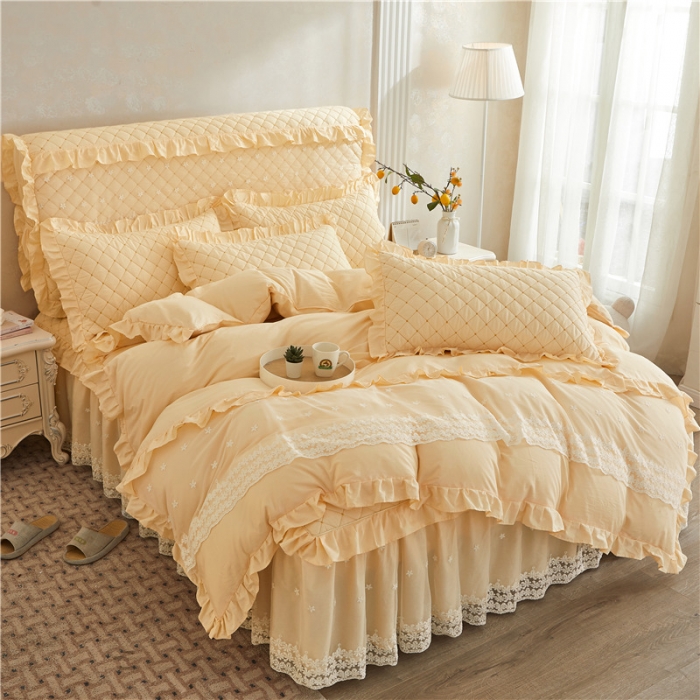 91家纺网 家纺一手货源 找家纺 十个点 2024新款全棉公主夹棉床裙四件套 米黄色