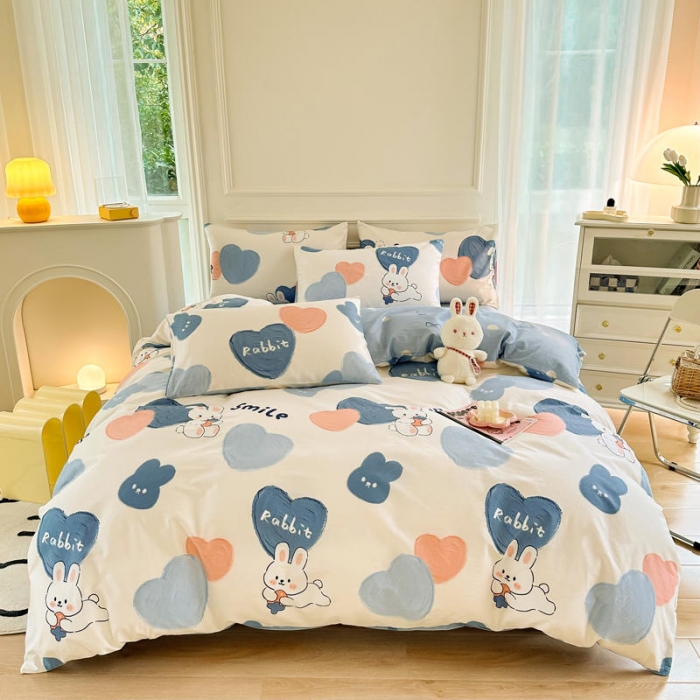 91家纺网 家纺一手货源 找家纺 星巴k家纺 2023全棉13372花卉印花简约四件套爱心兔