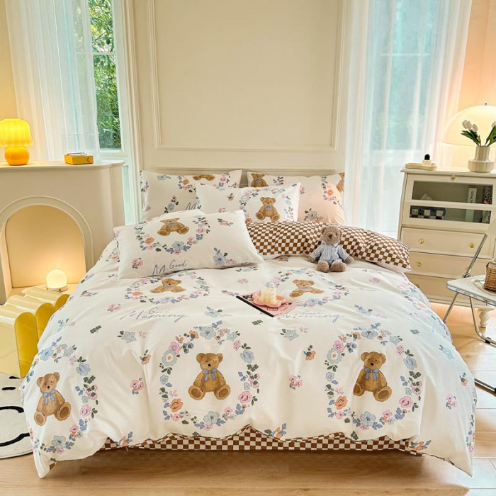 91家纺网 家纺一手货源 找家纺 星巴k家纺 2023全棉13372花卉印花简约四件套花环熊