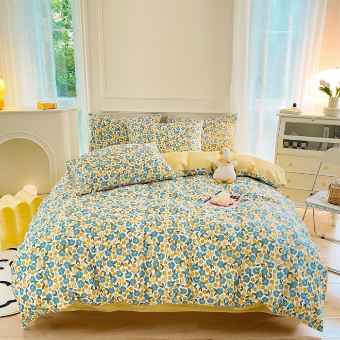 91家纺网 家纺一手货源 找家纺 星巴k家纺 2023全棉13372花卉印花简约四件套漫野-蓝