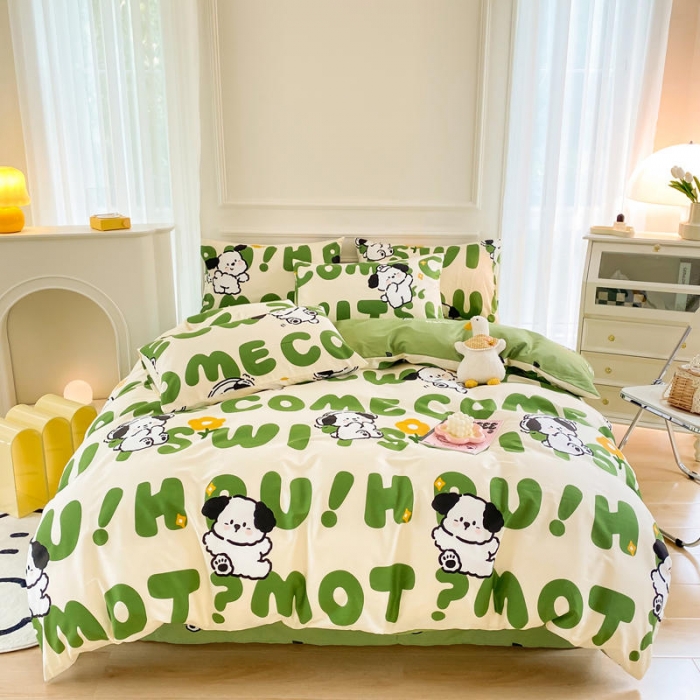 91家纺网 家纺一手货源 找家纺 星巴k家纺 2023全棉13372花卉印花简约四件套字母小狗