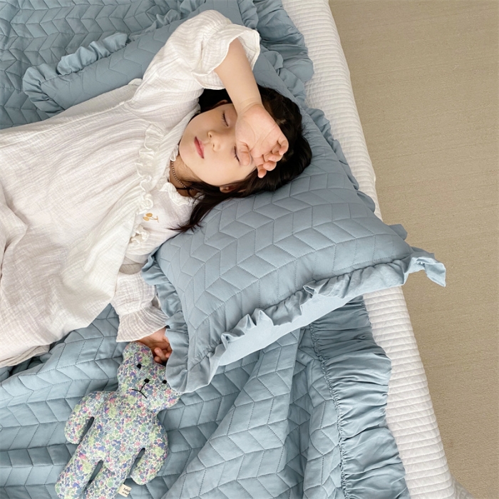 91家纺网 家纺一手货源 找家纺 乐卧家居 2026新款韩国INS风简约时尚绗缝荷叶边夏被 蓝色