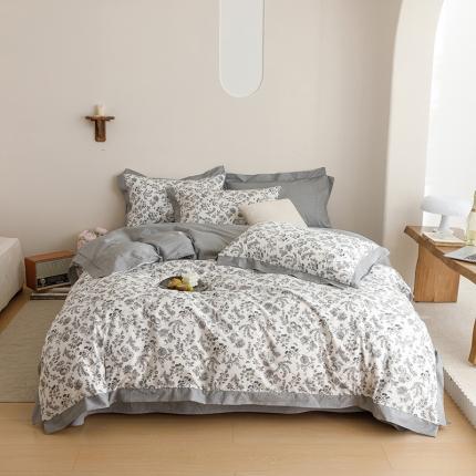 91家纺网 家纺一手货源 找家纺 简宜家居 2023新款纯棉全棉斜纹小清新宽边四件套 锦簇