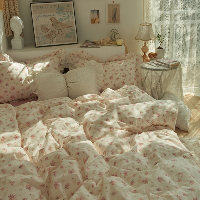 91家纺网 家纺一手货源 找家纺 总 热卖13372全棉韩式复古风四件套纯棉花卉-公主风