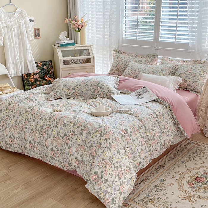 91家纺网 家纺一手货源 找家纺 潮邦 2025新款全棉韩式复古风四件套系列 优雅花香