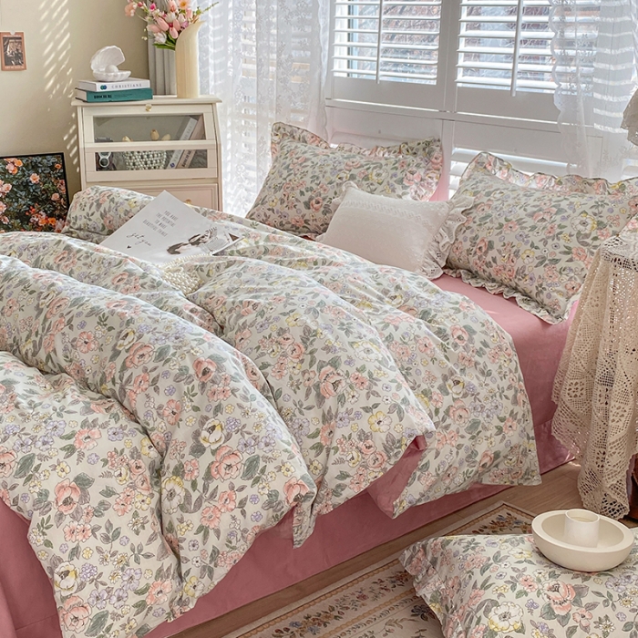 91家纺网 家纺一手货源 找家纺 潮邦 2025新款全棉韩式复古风四件套系列 优雅花香