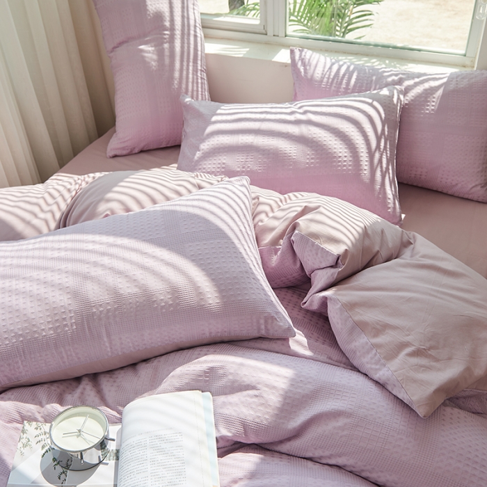 91家纺网 家纺一手货源 找家纺 慕尚 2025新款华夫格水洗棉四件套 华夫格 紫