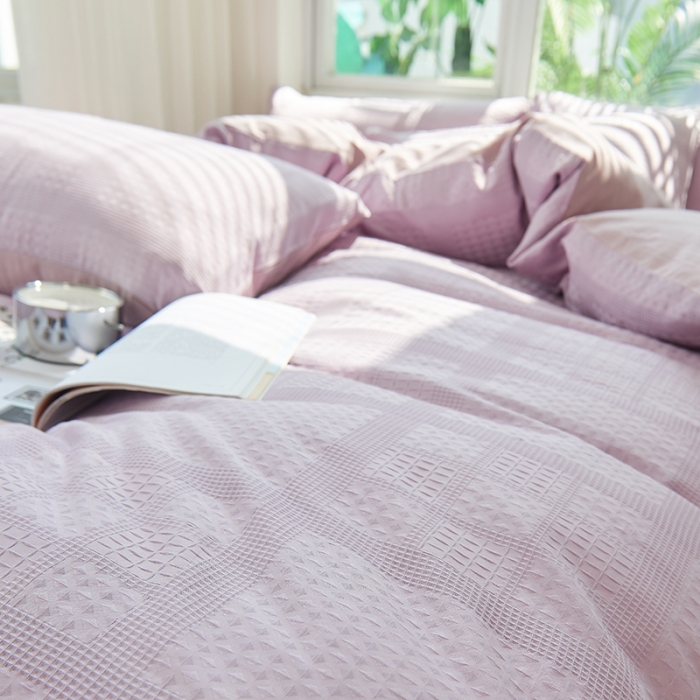 91家纺网 家纺一手货源 找家纺 慕尚 2025新款华夫格水洗棉四件套 华夫格 紫