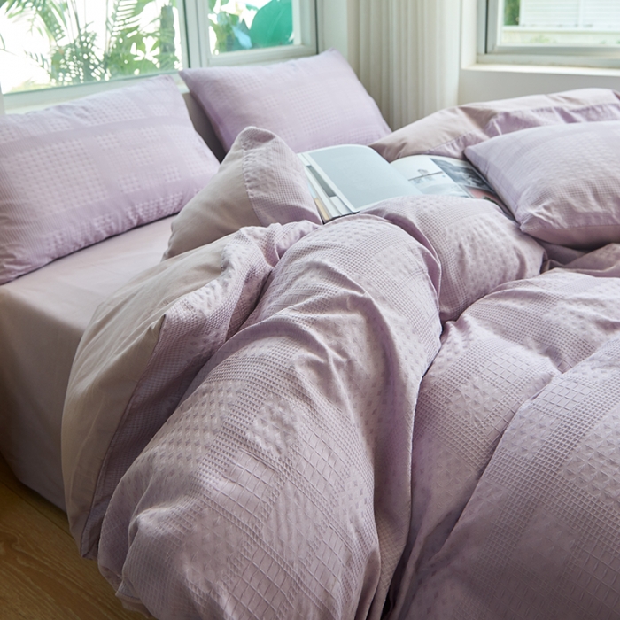 91家纺网 家纺一手货源 找家纺 慕尚 2025新款华夫格水洗棉四件套 华夫格 紫