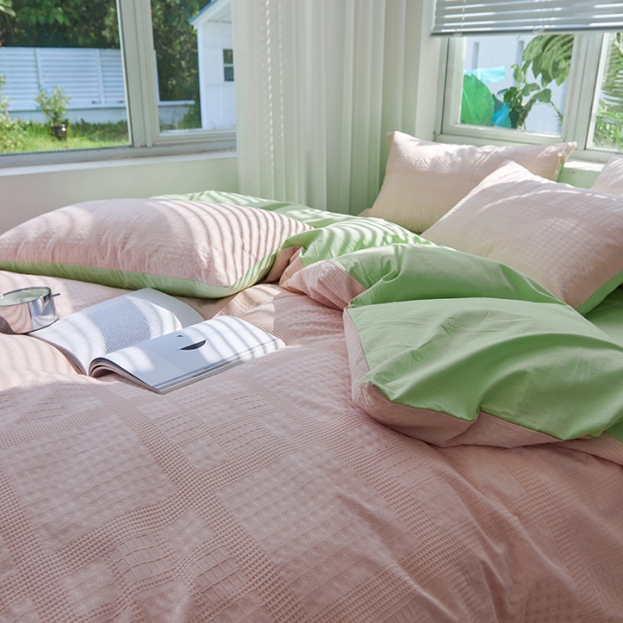 91家纺网 家纺一手货源 找家纺 慕尚 2025新款华夫格水洗棉四件套 华夫格 嫩粉