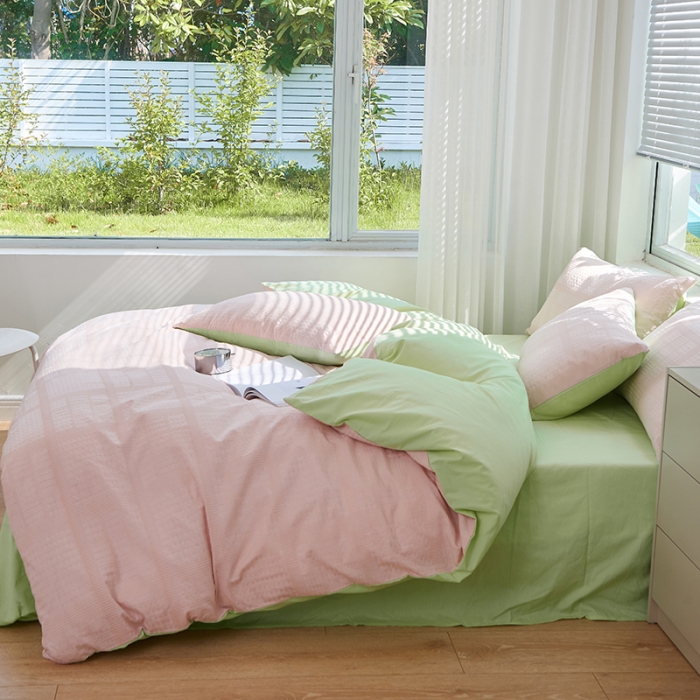 91家纺网 家纺一手货源 找家纺 慕尚 2025新款华夫格水洗棉四件套 华夫格 嫩粉