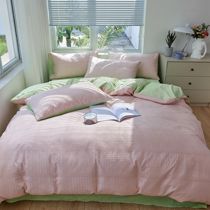 91家纺网 家纺一手货源 找家纺 慕尚 2025新款华夫格水洗棉四件套 华夫格 嫩粉