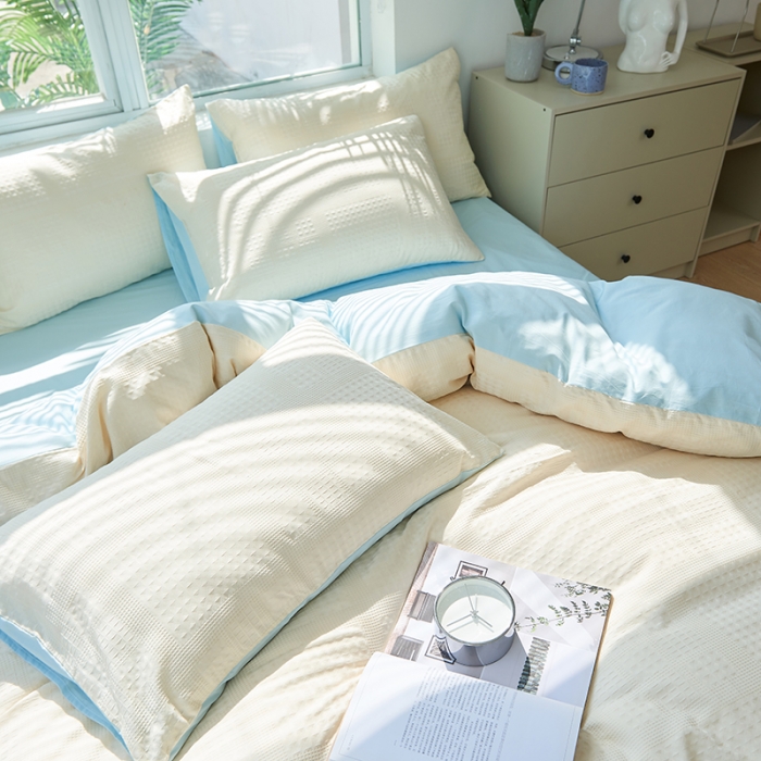 91家纺网 家纺一手货源 找家纺 慕尚 2025新款华夫格水洗棉四件套 华夫格 米白