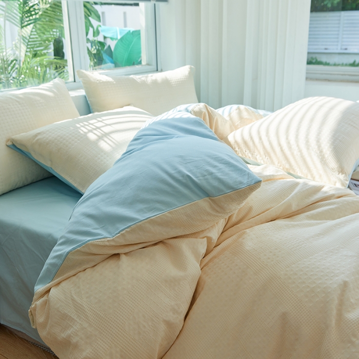 91家纺网 家纺一手货源 找家纺 慕尚 2025新款华夫格水洗棉四件套 华夫格 米白