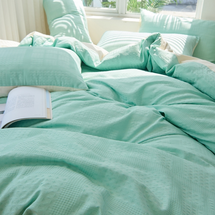 91家纺网 家纺一手货源 找家纺 慕尚 2025新款华夫格水洗棉四件套 华夫格 绿