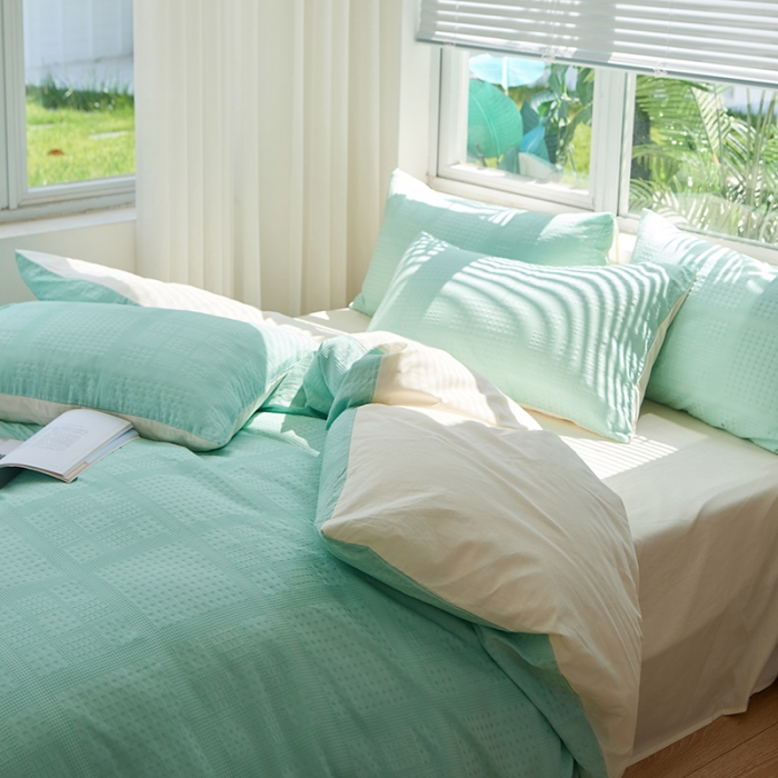 91家纺网 家纺一手货源 找家纺 慕尚 2025新款华夫格水洗棉四件套 华夫格 绿