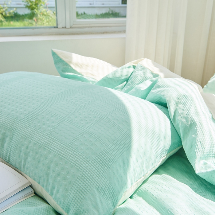 91家纺网 家纺一手货源 找家纺 慕尚 2025新款华夫格水洗棉四件套 华夫格 绿