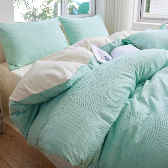 91家纺网 家纺一手货源 找家纺 慕尚 2025新款华夫格水洗棉四件套 华夫格 绿