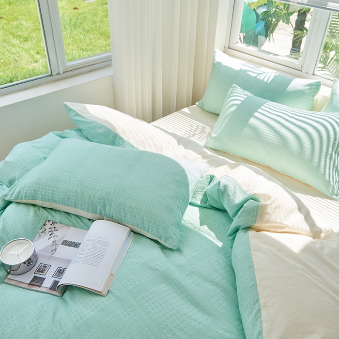 91家纺网 家纺一手货源 找家纺 慕尚 2025新款华夫格水洗棉四件套 华夫格 绿