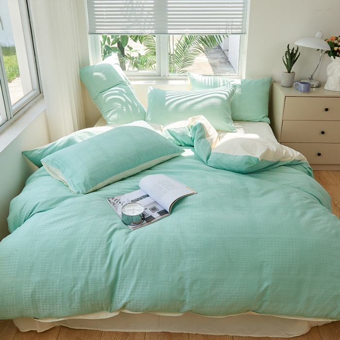 91家纺网 家纺一手货源 找家纺 慕尚 2025新款华夫格水洗棉四件套 华夫格 绿