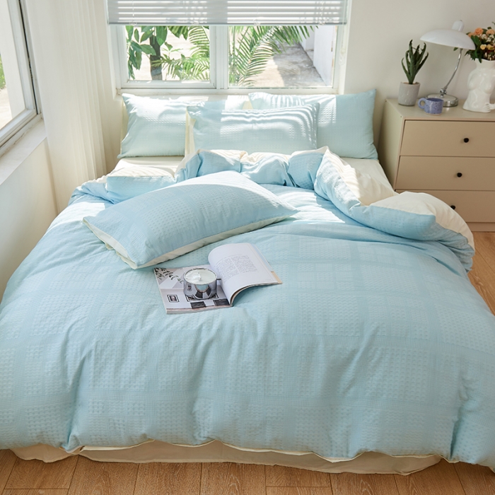 91家纺网 家纺一手货源 找家纺 慕尚 2025新款华夫格水洗棉四件套 华夫格 蓝