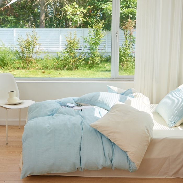 91家纺网 家纺一手货源 找家纺 慕尚 2025新款华夫格水洗棉四件套 华夫格 蓝