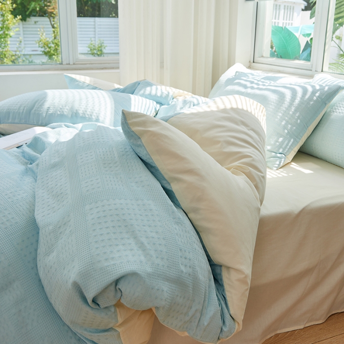 91家纺网 家纺一手货源 找家纺 慕尚 2025新款华夫格水洗棉四件套 华夫格 蓝