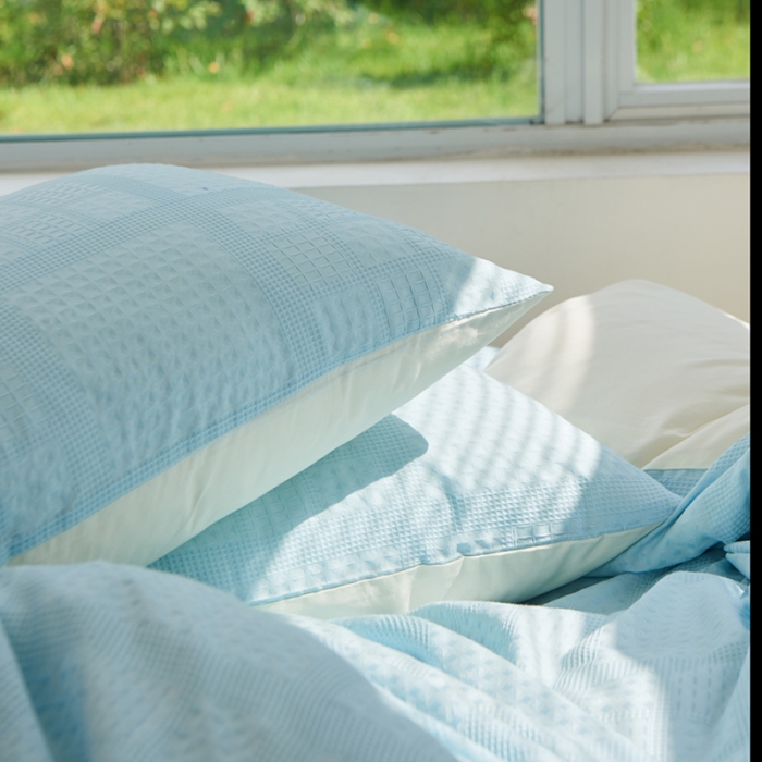 91家纺网 家纺一手货源 找家纺 慕尚 2025新款华夫格水洗棉四件套 华夫格 蓝