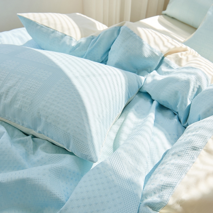 91家纺网 家纺一手货源 找家纺 慕尚 2025新款华夫格水洗棉四件套 华夫格 蓝